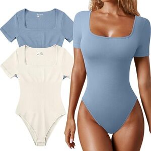 Ribbed Square Neck Bodysuit Bundle | Blue & Cream Short Sleeve Basics